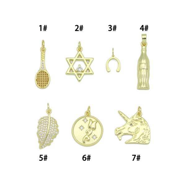 Clear CZ Tennis Racket, Star of David, Horse Shoe, Soda bottle, Gold Leaf, Rose Coin, Unicorn Charm Pendant, Sku#LX942