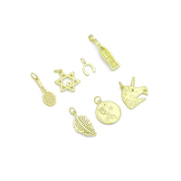 Clear CZ Tennis Racket, Star of David, Horse Shoe, Soda bottle, Gold Leaf, Rose Coin, Unicorn Charm Pendant, Sku#LX942