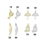 Clear CZ Gold Silver Wine Glass Umbrella Wing Music Note Charm Pendant, Sku#LX951