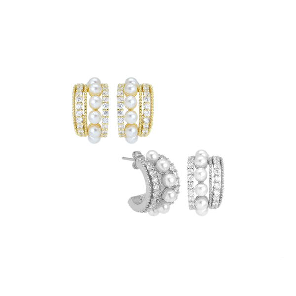 Gold Silver CZ Pave Pearl Middle Line Huggie Earrings, Sku#ML78