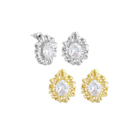 Gold Silver Big Oval CZ Flower Stud Earrings, Sku#O121