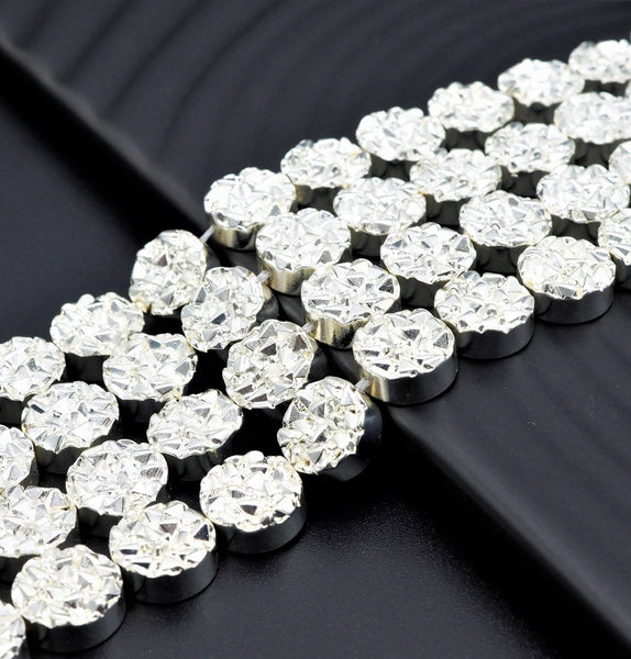 Natural Silver Druzy Style Hematite Beads,Round Flat Coin Gemstone, 8mm/10mm/12mm, 15.5inch full strand,Bright Silver Metallic Beads,SKU#S96