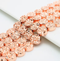 Natural Druzy Style Rose Gold Copper Color Hematite beads,Round Flat Coin Gemstone Beads,8mm/10mm/12mm, 15.5inch full strand,SKU#S98