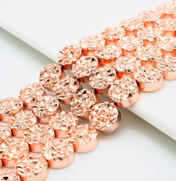 Natural Druzy Style Rose Gold Copper Color Hematite beads,Round Flat Coin Gemstone Beads,8mm/10mm/12mm, 15.5inch full strand,SKU#S98