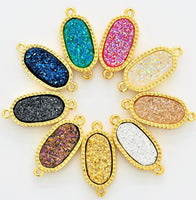 Mystic Druzy Drusy Oval Connector Beads, Bezel Druzy Charm, Gold/Silver finish,Gold/Black/White Opal/ Cobalt Blue,9x20mm,SKU#V26