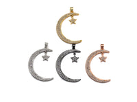 CZ Micro Pave Crescent Moon and Star Pendant ,Gold/Silver/Black,Cubic Zirconia Jewelry Findings, 5x44mm,sku#X138