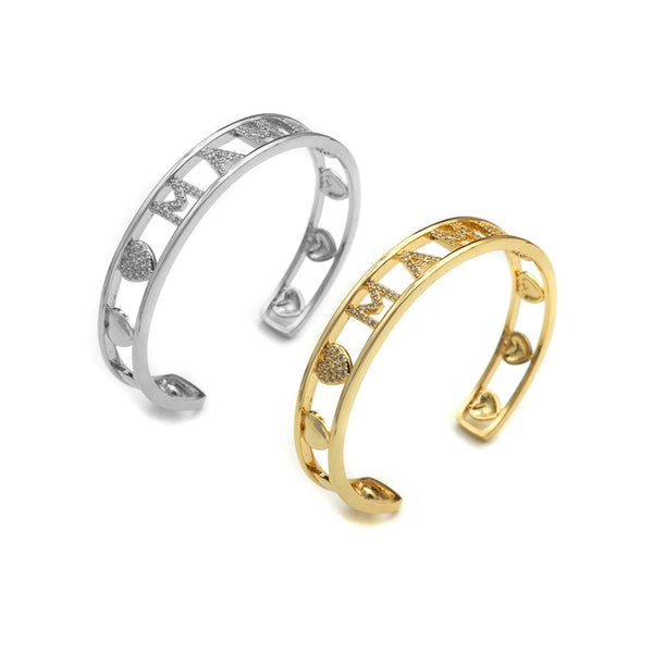 CZ Mirco Pave MAMA Open Cuff Bracelet, Cubic Zirconia Gold Heart Letter bracelet, Wire bracelet, Bangle bracelet, Gift for mom, sku#X158