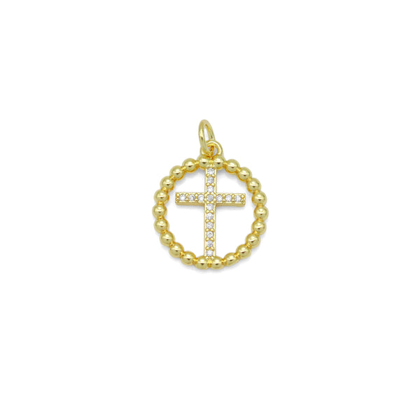 Clear CZ Gold Cross On Twisted Circle Pendant, Sku#Y1022