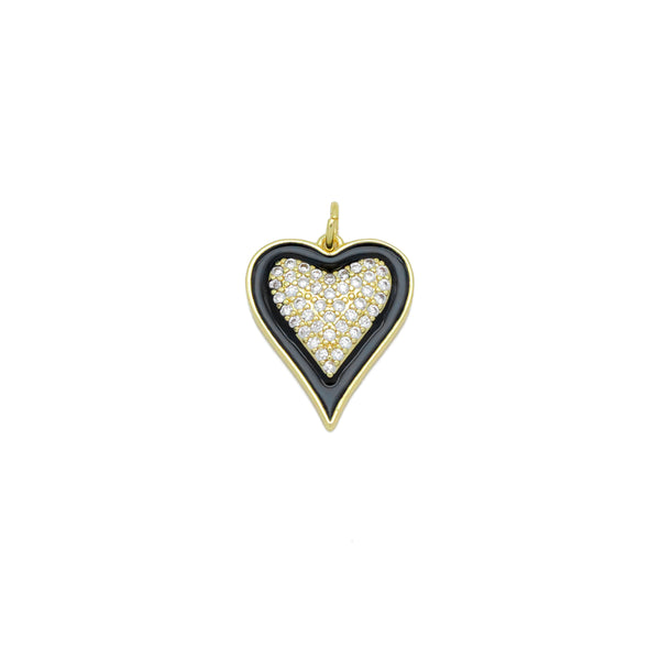Clear CZ Black Enamel Gold Heart Charm Pendant, Sku#Y1023