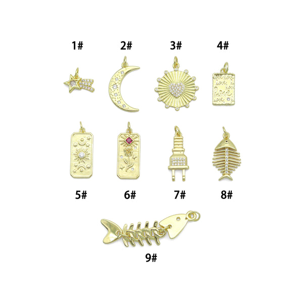 Clear CZ Gold Star Cresent Moon love plug fishbone rectangle Pendant, Sku#Y1051