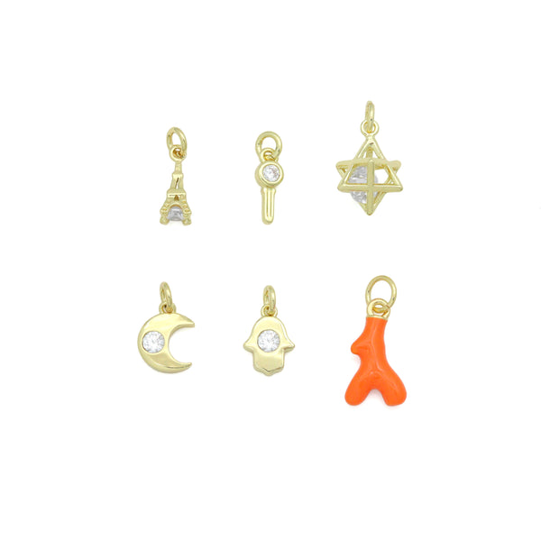 Cute Eiffel Tower, Evil eye KEY, Star of David, Crescent Moon, Hamsa hand, Orange coral horn charm charm, Sku#Y1061