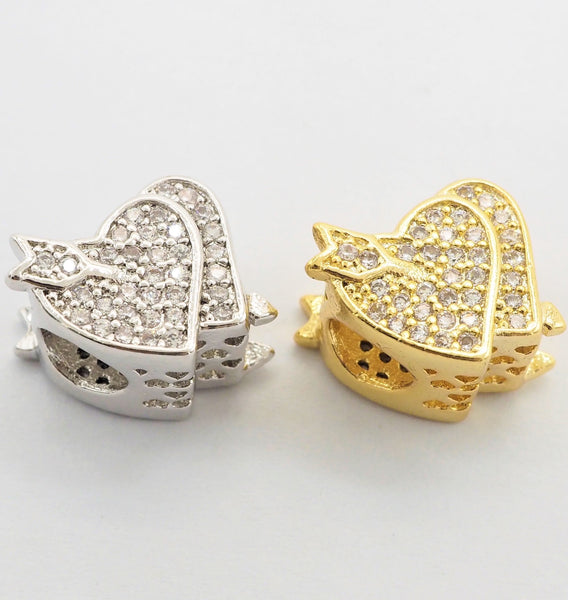 CZ Micro Pave Cupid Heart Big Hole Beads, Cubic Zirconia Heart Spacer Beads, Micro Pave Silver/Gold Heart Charms, 11x11x9mm,sku#Y123