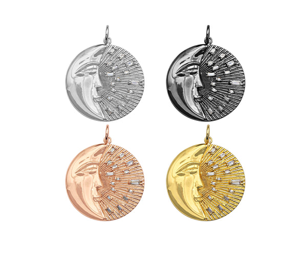 CZ Micro Pave Moon with Radiation Light Round Coin Pendant/Charm, Large Gold/Silver/Rose Gold/Gunmetal Coin Pendant, 31mm, sku#Y297