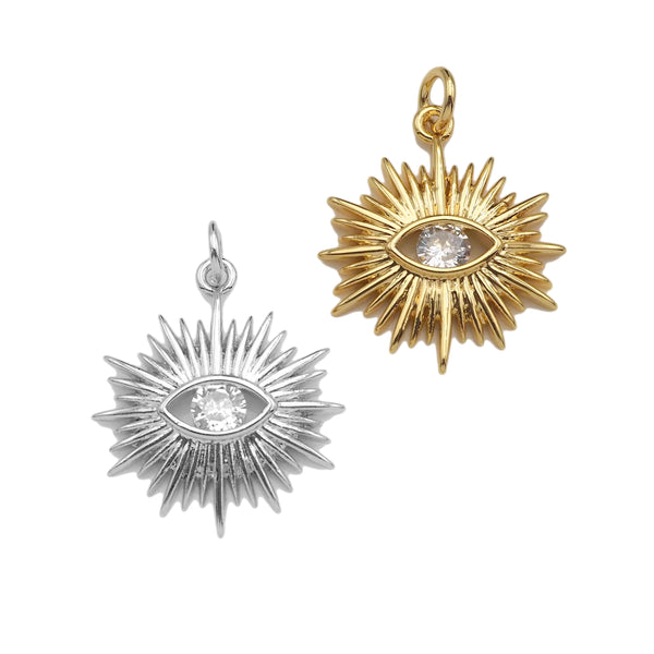 CZ Micro Pave Evil Eye On North Star Shaped Pendant/Charm,Gold Radiate Cubic Zirconia Pendant Charm,19x21mm,sku#Y315