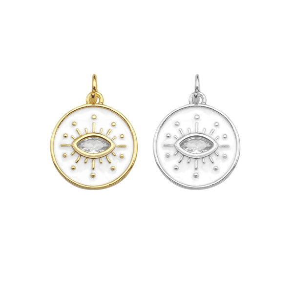 Enamel White Enamel Evil Eye On Round Coin Charm, Sku#Y434