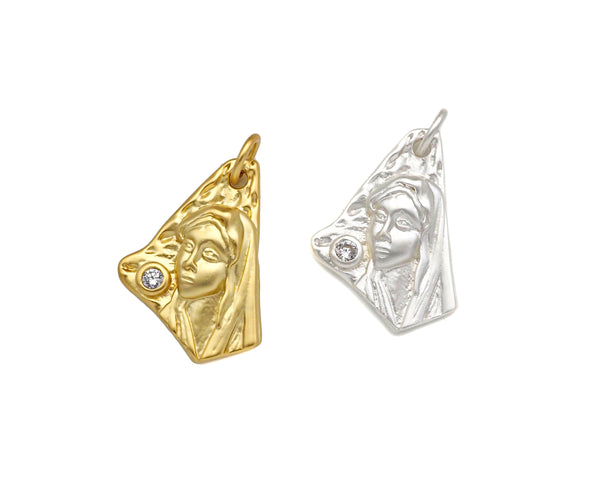 CZ Micro Pave Embossed Lady On Triangle Pendant,Cubic Zirconia Matt Silver/Gold Charm, Necklace Bracelet Charm Pendant, 19x13mm, Sku#Y453