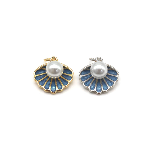 Mother of Pearl On Blue Enamel Shell Shape Pendant, 18K Gold Filled Shell Charm, Necklace Bracelet Charm Pendant,Sku#Y552