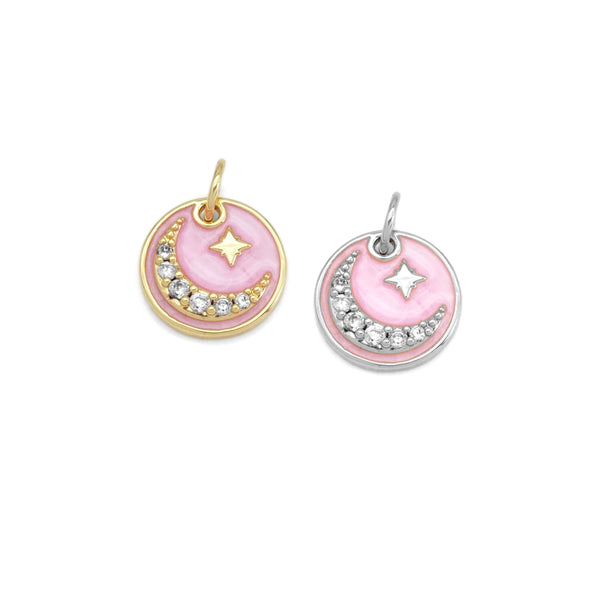 Pink Enamel CZ Cresent Moon Coin Charm, Sku#Y893