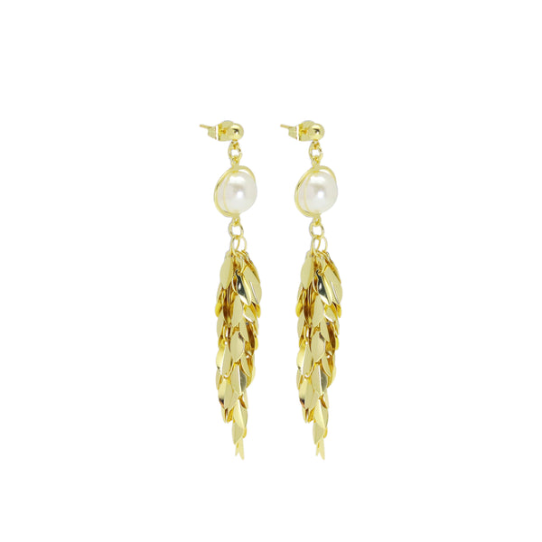 White Pearl Long Wheat Cluster Dangle Earrings, Sku#Y912