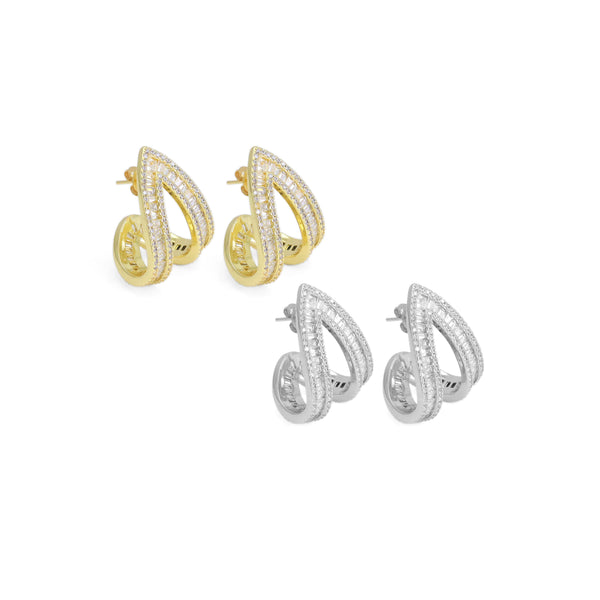 Gold Silver Baguette CZ V Shape Wrap Statement Earrings, Sku#Y923