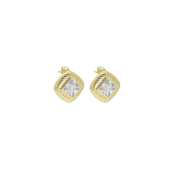 Gold Rhombus Diamond Clear CZ Stud Earrings, Sku#Y934