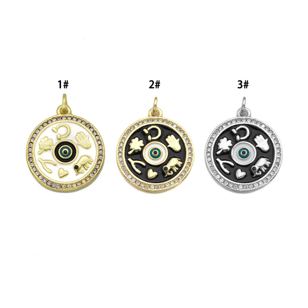 CZ Pave Black Enamel Hamsa Wish Bone, heart, elephant, four leaf clover Round Pendant, Gold/Sivler Enamel Findings, 18x20mm,Sku#Z1171
