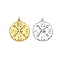 Gold Filled CZ Micro Pave Compass On Round Coin Shape Pendant, 18k Gold Filled Medallion Charm, Necklace Bracelet Pendant,25x27mm,Sku#Z1359