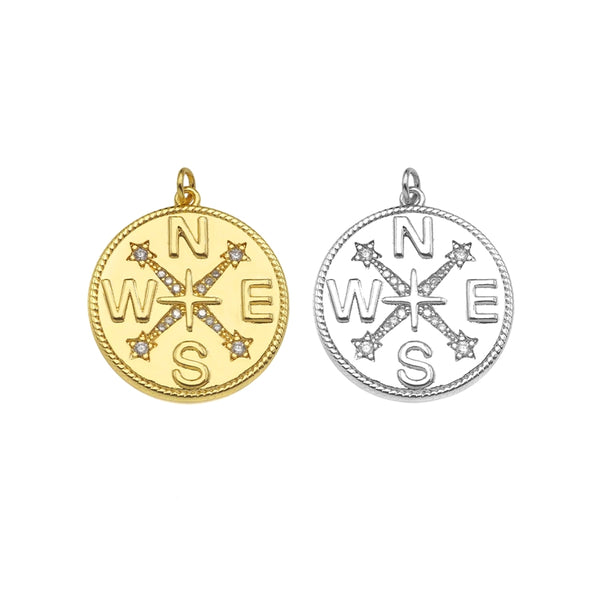 Gold Filled CZ Micro Pave Compass On Round Coin Shape Pendant, 18k Gold Filled Medallion Charm, Necklace Bracelet Pendant,25x27mm,Sku#Z1359