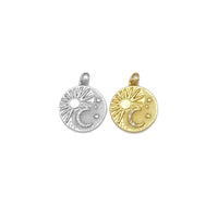 CZ Micro Pave Sun Cresent Moon Star On Round Coin Shape Pendant,18k Gold Filled Medallion Charm, Necklace Bracelet Pendant,18x21mm,Sku#Z1404