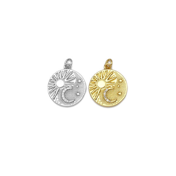 CZ Micro Pave Sun Cresent Moon Star On Round Coin Shape Pendant,18k Gold Filled Medallion Charm, Necklace Bracelet Pendant,18x21mm,Sku#Z1404