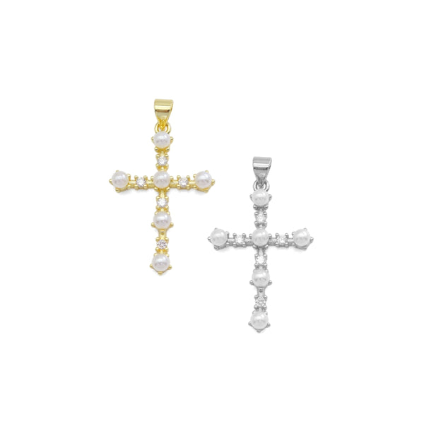 CZ Gold White Pearl Cross Charm, Sku#Z1478