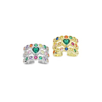 Colorful CZ Green Heart Multiline Gold Adjustable Ring, Sku#Z1480