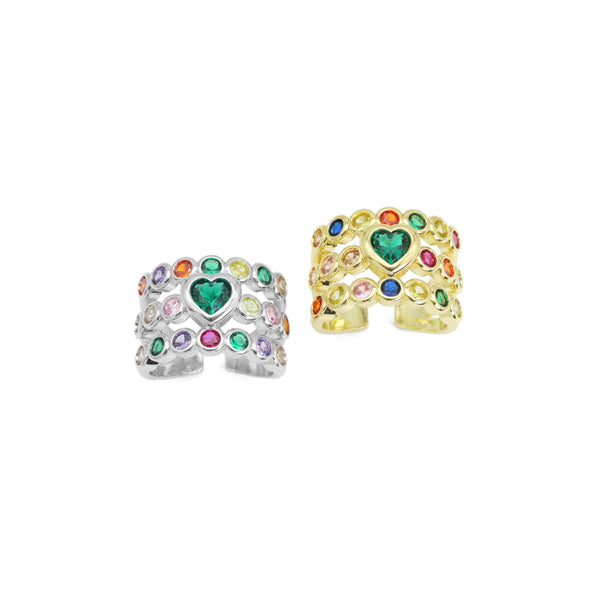 Colorful CZ Green Heart Multiline Gold Adjustable Ring, Sku#Z1480