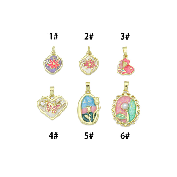 Gold Colorful Enamel Flower Butterfly Heart Oval Pendant charm, Sku#Z1484