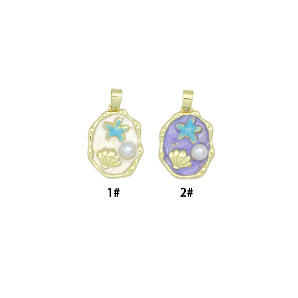 White Purple Enamel Gold StarFish Shell Pearl Oval charm, Sku#Z1489
