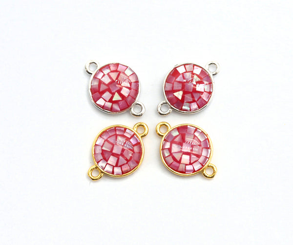 100% Natural Hot Pink Shell Round Connector with Gold/Silver Plated Edging, Fuchsia Spacer Connector, Shell Charm, 10x15mm,SKU#Z283