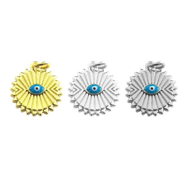 NEW Turquoise Enamel Evil Eye On Pleat Coin Pendant,Cz Micro Pave Oil Drop Round pendant,Enamel Jewelry,14x16mm,sku#Z517