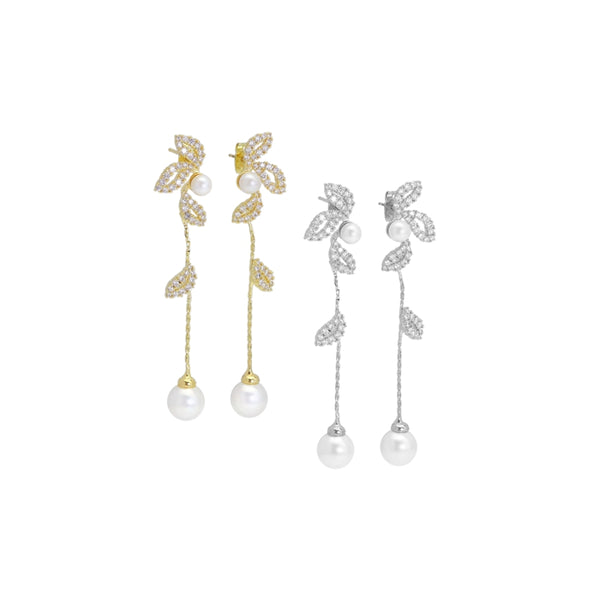 CZ Silver White Pearl Leaf Dangle Earrings, Sku#ZX158