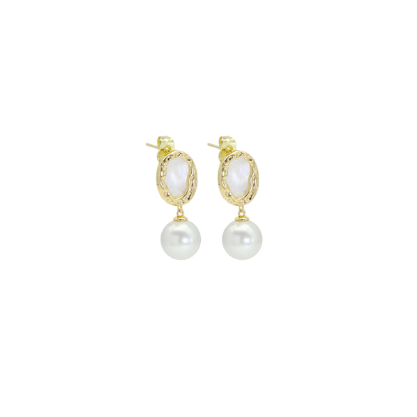Hammered Oval Mop White Pearl Earrings, Sku#ZX187