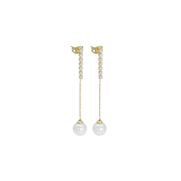 CZ Gold White Pearl long dangle Earrings, Sku#ZX196