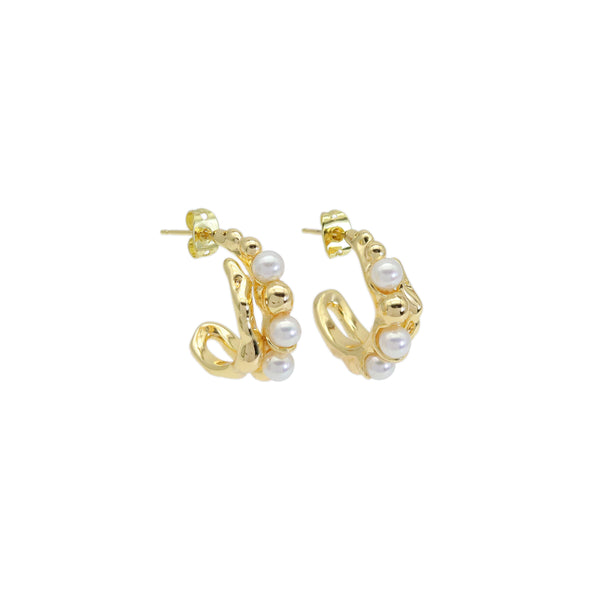Hammered Gold White Pearl Hoop Earrings, Sku#ZX203