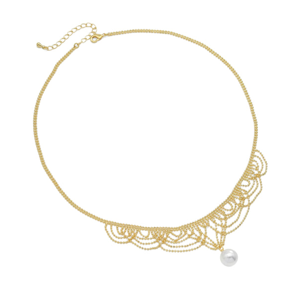 Dainty Gold ball Chain Fancy necklace with Pearl pendant, Sku#ZX208