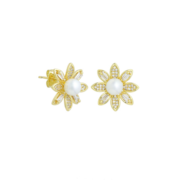 Pearl Sunflower Stud Earrings, Sku#ZX230