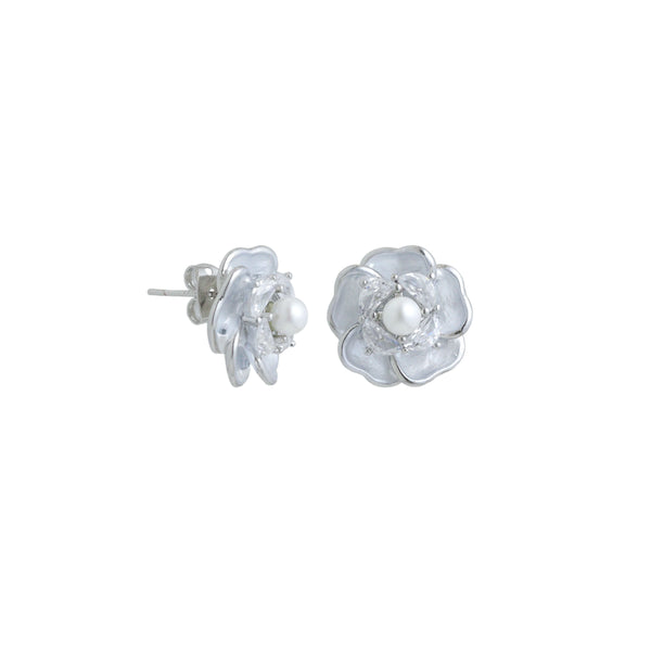 Silver Flower White Pearl Stud Earrings, Sku#ZX232