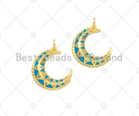 Turquoise Blue Enamel On Cresent Moon Shape Pendant/Charm,Gold Cubic Zirconia Charm, Necklace Bracelet Charm Pendant,21x24mm, Sku#Z1279