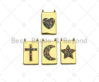 Colorful CZ Micro Pave Heart Cross Star On Rectangle Charms, Dainty Charms Pendant, Rectangle Necklace Pendant, 12x21mm, Sku#F1345