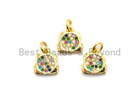 Small CZ Colorful Micro Pave Purse With Two Face Pendant, Purse Lock Shaped Pave Pendant, Gold plated, 10x11mm, Sku#F724