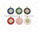 CZ Gold Clover On Green/Pink/Black/White/Red/Blue Enamel Round Coin Shape Pendant, 18K Gold Enamel Charm, Enamel Jewelry, 25x28mm,Sku#B131