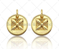 18k Dainty Gold Flower On Round Coin Charms, Embossed Flower Charms Pendant, Round Necklace Charms, 13mm, Sku#Y378