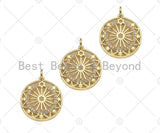 CZ Micro Pave Hollow Out Flower On Round Shape Pendant/Charm,Cubic 18K Dainty Gold Charm, Necklace Bracelet Charm Pendant,21x19mm, Sku#F1366